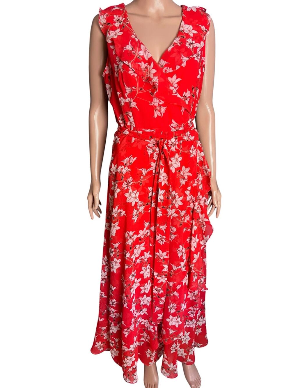 Calvin Klein Sleeveless Wrap Maxi Dress 8 Flower Ruffle Summer Travel Fairy
